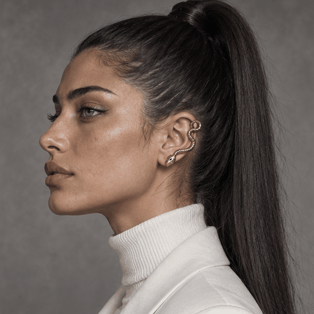 Mira Solenne in profile, dark ponytail and gold ear cuff
